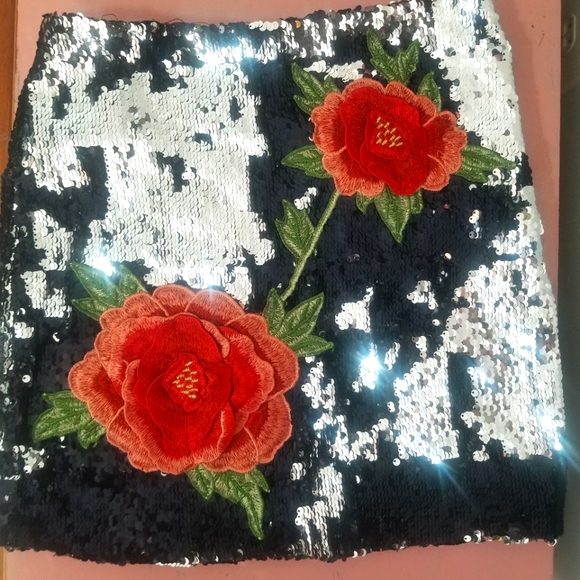 Floral Embroidered Sequin Mini-Skirt - Picture 1 of 3